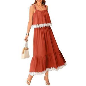 NALANISA Sleeveless Boho Dress Spaghetti Strap  Flowy Ruffle Tiered Long XL RUST